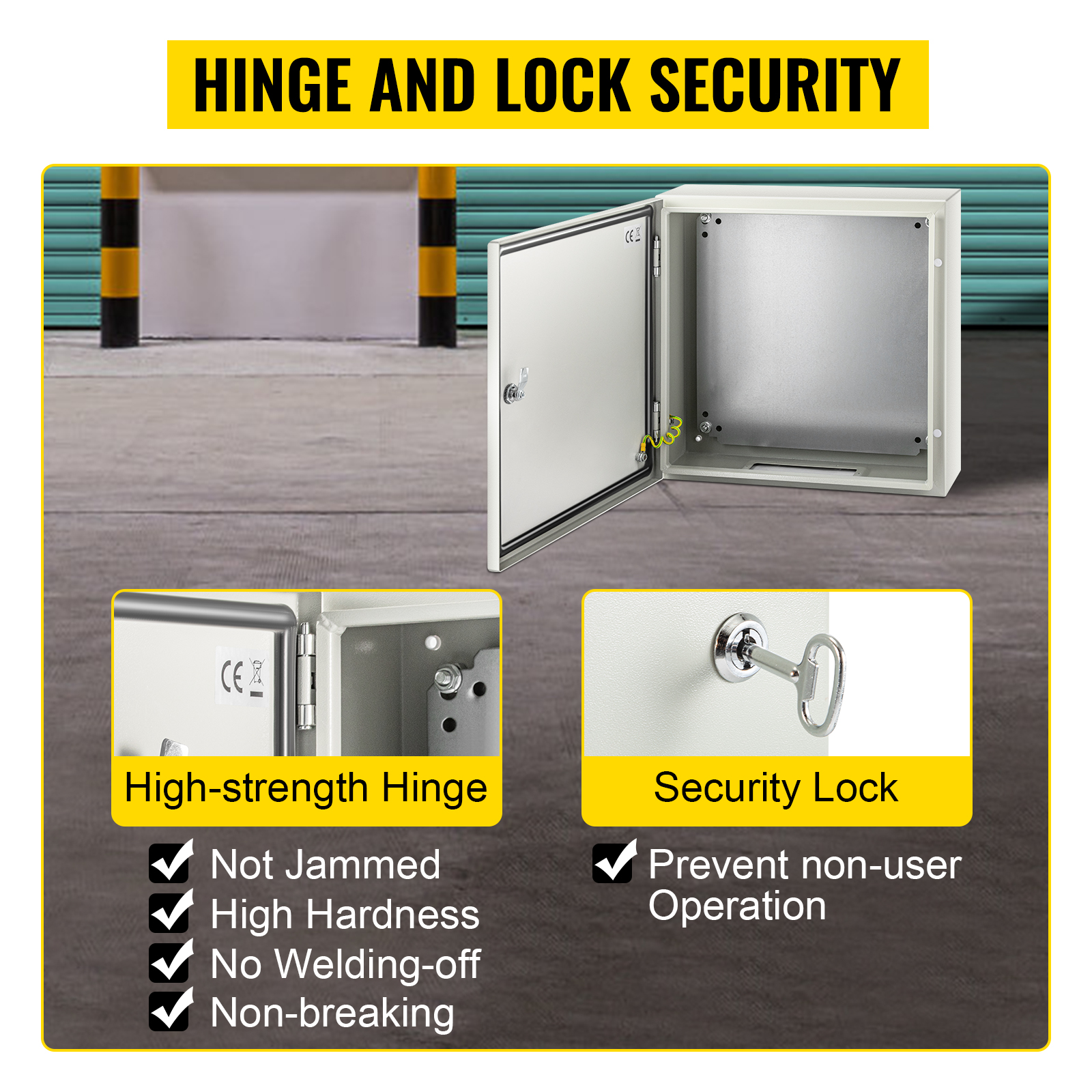 VEVOR nema steel enclosure showcasing high-strength hinge and security lock features.