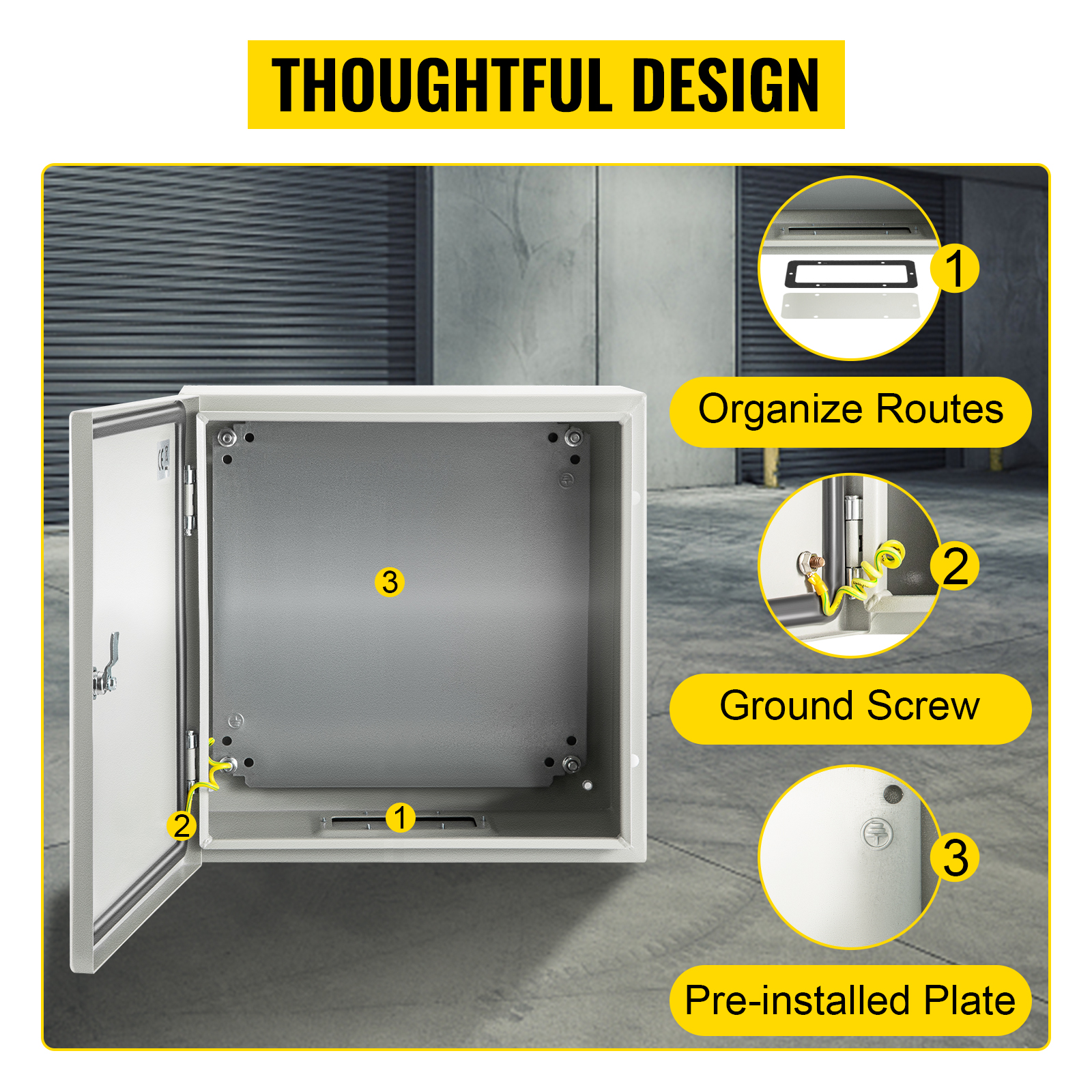 VEVOR nema steel enclosure with organize routes, ground screw, and pre-installed plate.
