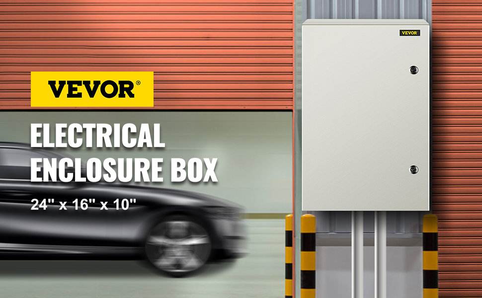 VEVOR nema 4x steel electrical enclosure, 24"x16"x10", mounted on a wall by a garage.