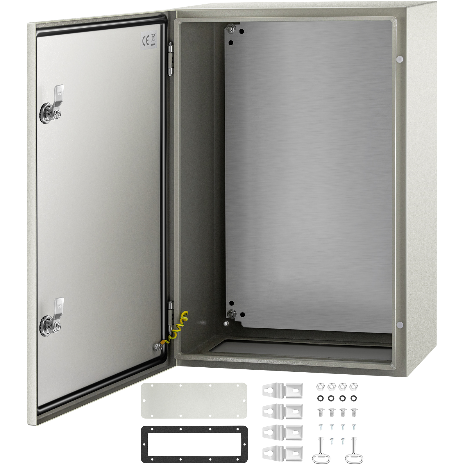 VEVOR nema 4x steel electrical enclosure with door open and mounting accessories shown.