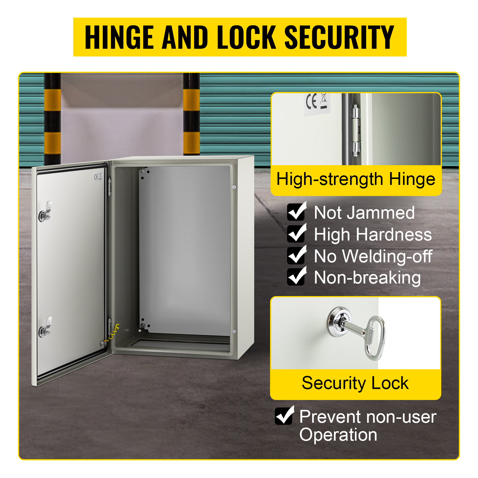 VEVOR nema 4x steel electrical enclosure showcasing hinge and lock security.