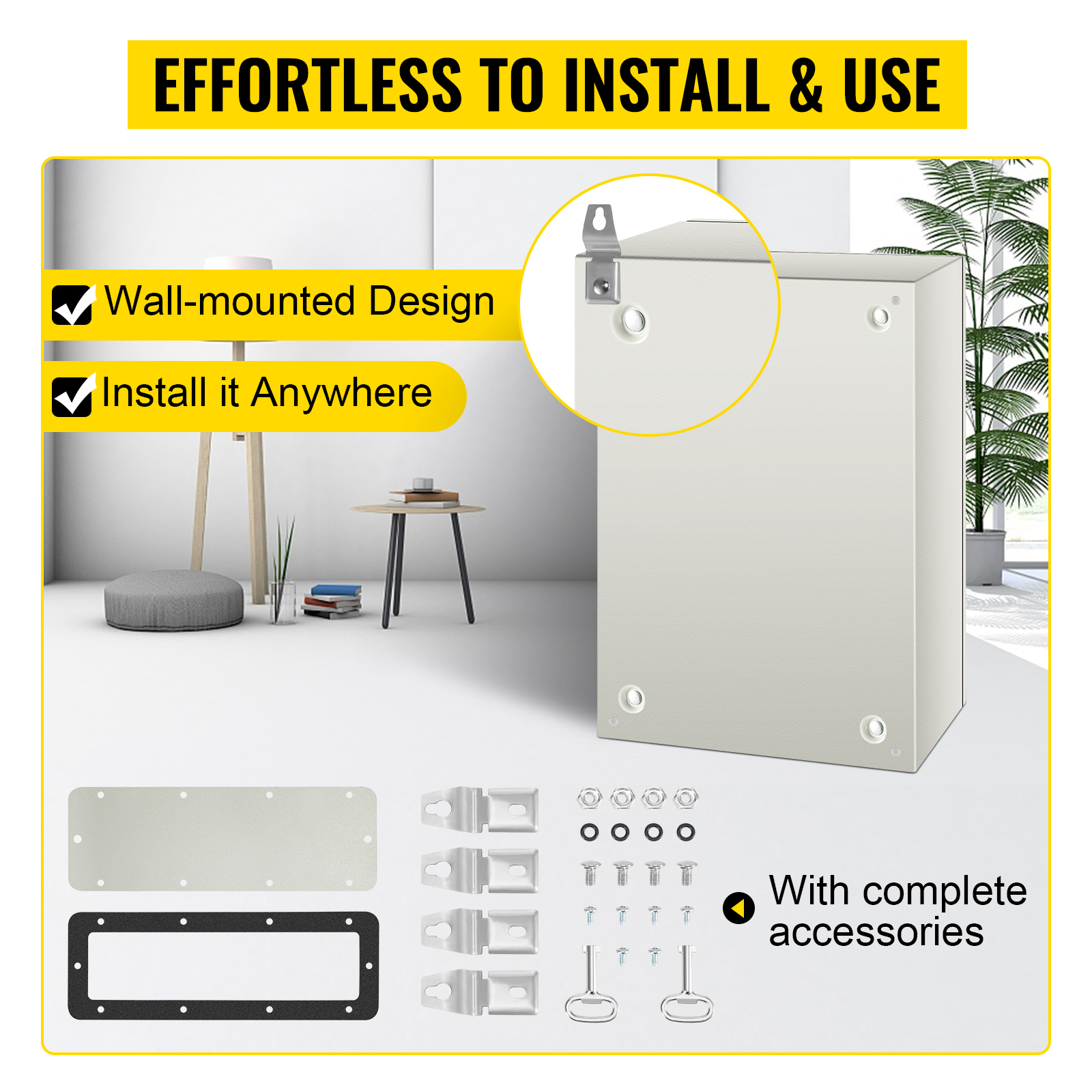 VEVOR nema 4x steel electrical enclosure, wall-mounted design, complete accessories.
