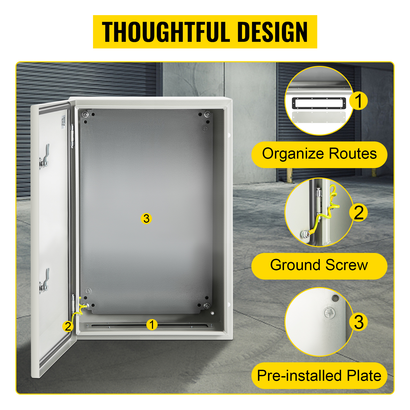 VEVOR nema 4x steel electrical enclosure with pre-installed plate and ground screw.