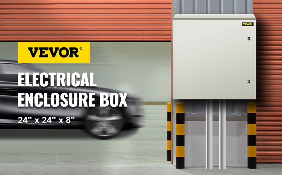 VEVOR steel enclosure box, 24"x24"x8", mounted with pipes near garage door.