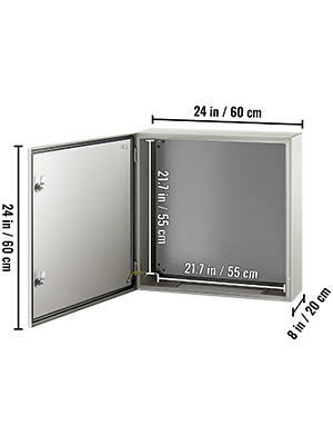 VEVOR steel enclosure dimensions: 24x24x8 inches (60x60x20 cm) with open door.