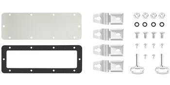 components of VEVOR steel enclosure with screws, washers, brackets, and gaskets.