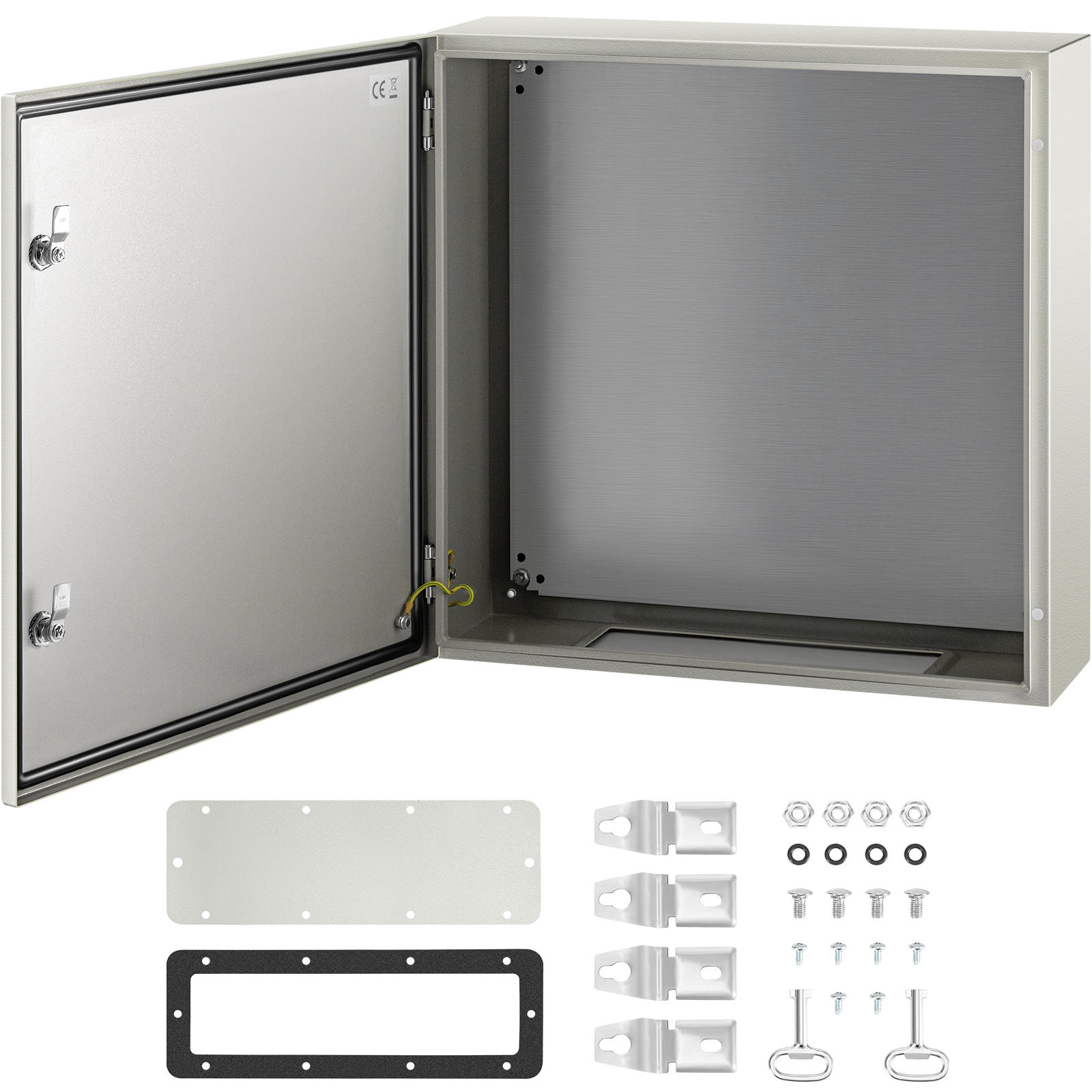 VEVOR steel enclosure with open door, mounting brackets, screws, and sealing gasket.