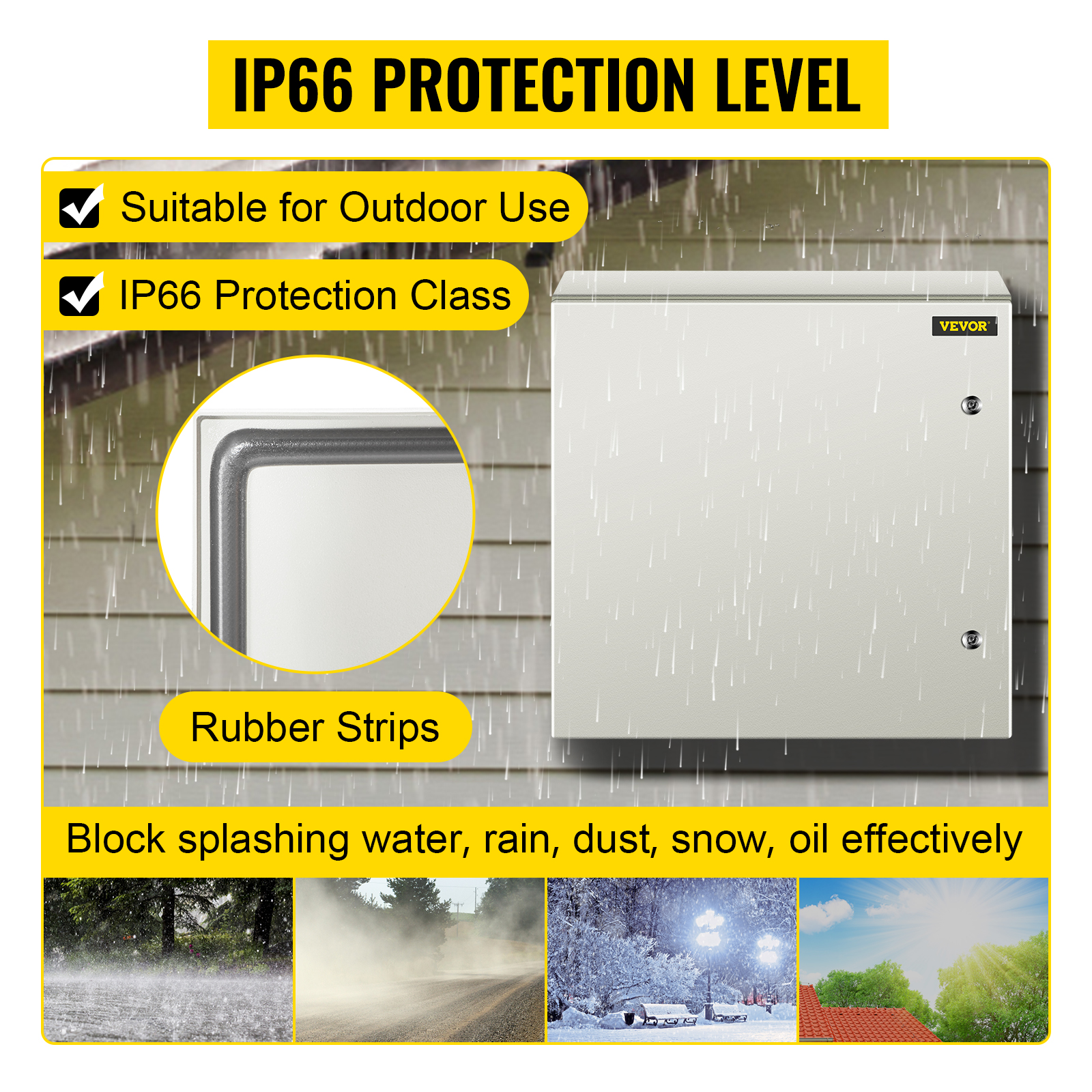 VEVOR steel enclosure with ip66 protection, suitable for outdoor use against elements.