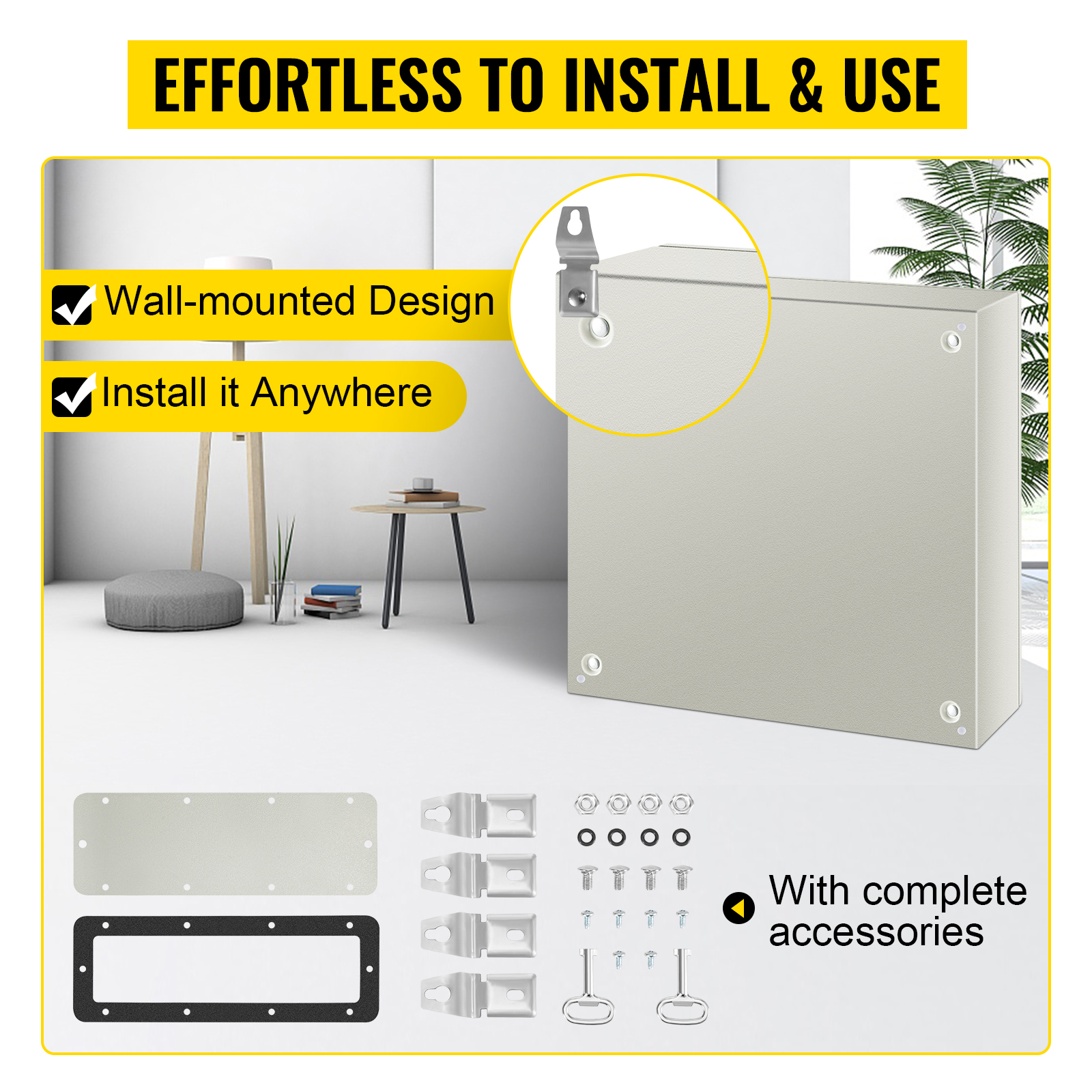 VEVOR steel enclosure with accessories, wall-mounted, easy to install anywhere.