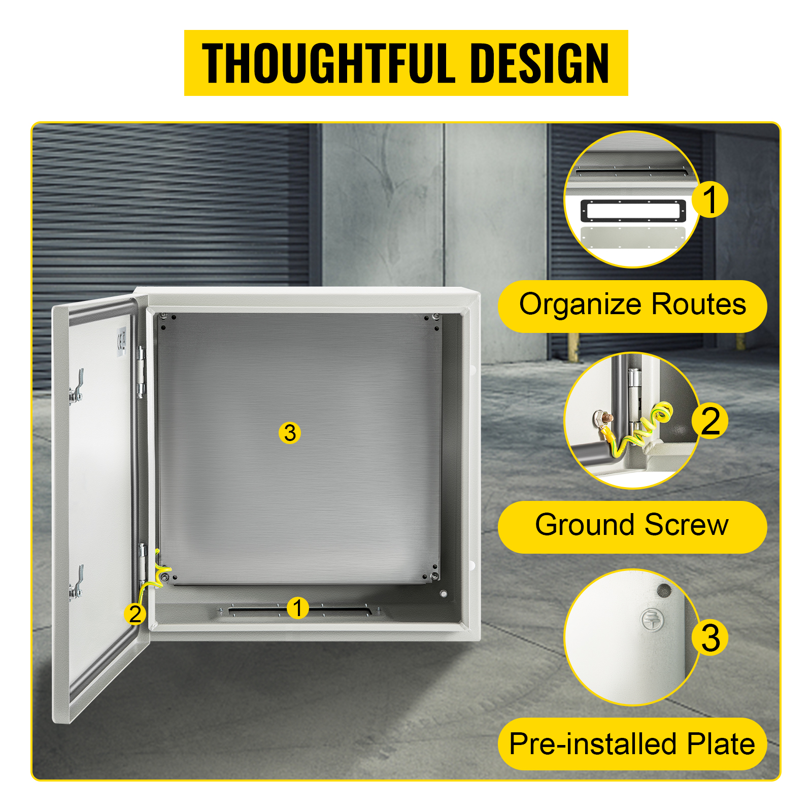VEVOR steel enclosure open with organize routes, ground screw, and pre-installed plate.