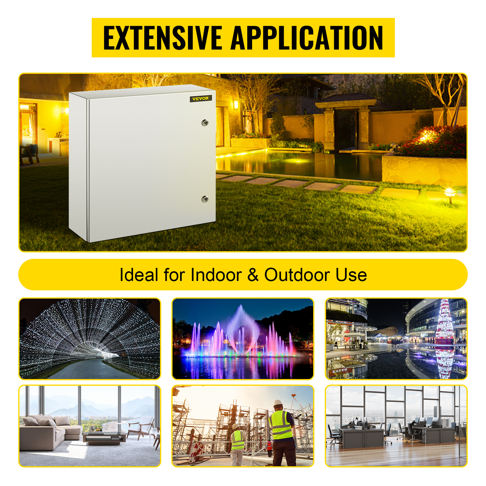 VEVOR steel enclosure for various indoor and outdoor applications with extensive use.