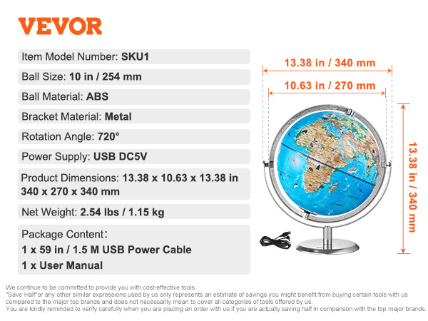 VEVOR educational globe with 10 in abs ball, 720° rotation, metal bracket, usb power, dimensions 13.38 x 10.63 in.