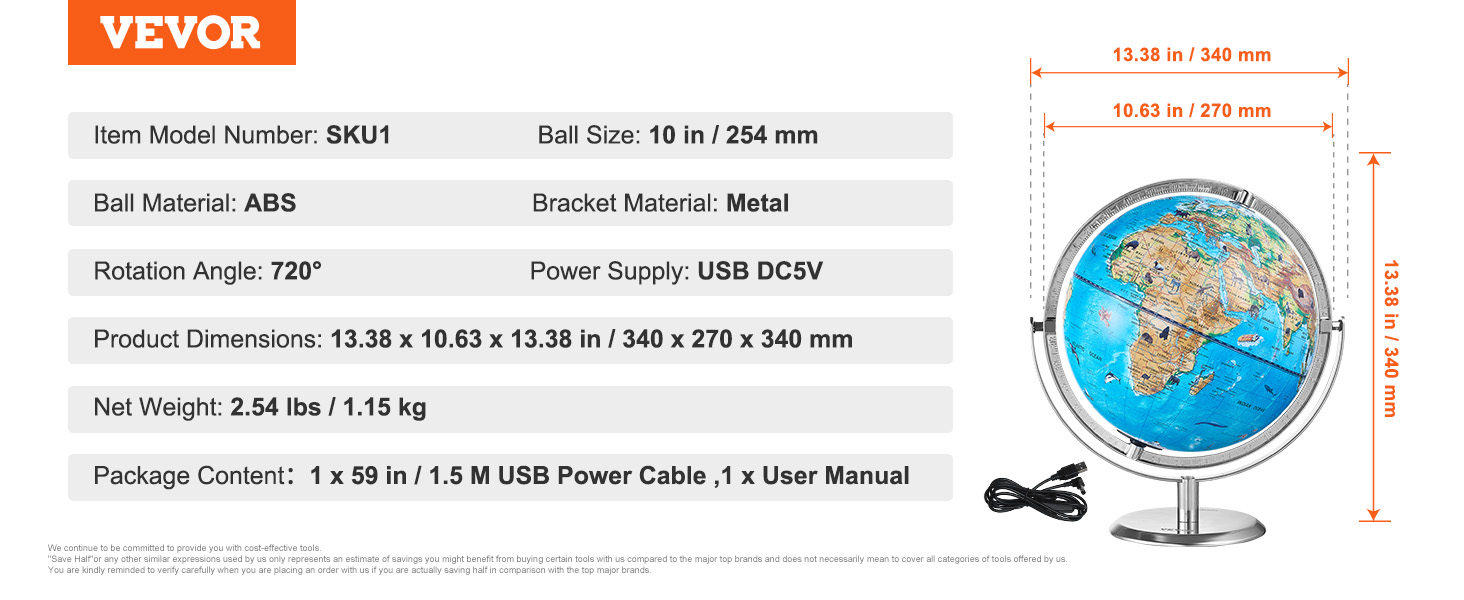 VEVOR educational globe with 10 in abs ball, 720° rotation, metal bracket, usb power, dimensions 13.38 x 10.63 in.