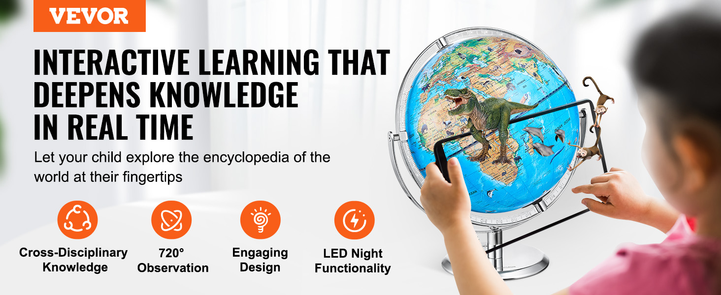 VEVOR educational globe with interactive features, 720° observation, engaging design, and led night functionality.