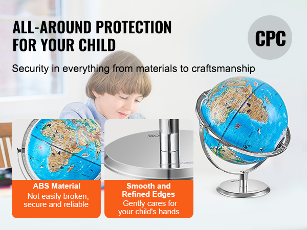 VEVOR educational globe with abs material and smooth edges, ensuring safety and durability for children.