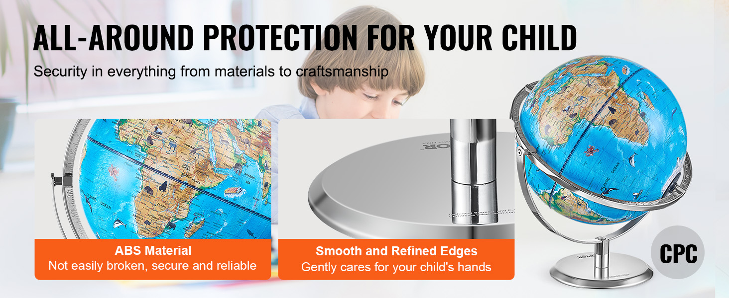 VEVOR educational globe with abs material and smooth edges, ensuring safety and durability for children.
