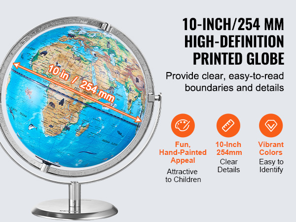 10-inch VEVOR educational globe with vivid colors and clear details, showing continents and oceans.