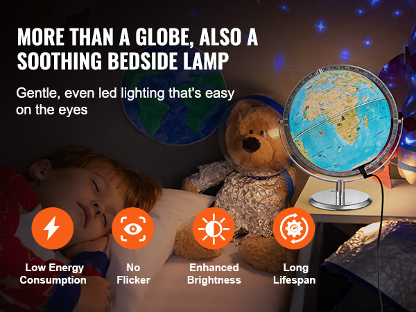 VEVOR educational globe serving as a soothing bedside lamp with led lighting, low energy consumption, and no flicker.