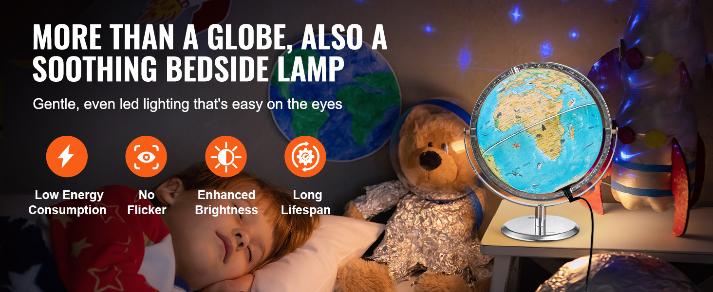 VEVOR educational globe serving as a soothing bedside lamp with led lighting, low energy consumption, and no flicker.