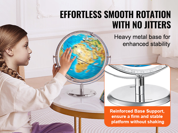 child spinning a VEVOR educational globe with a heavy metal base on a round table, displaying smooth rotation.