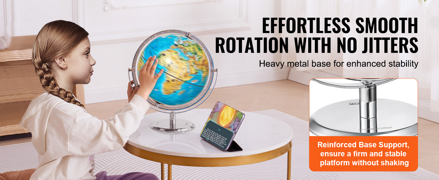 child spinning a VEVOR educational globe with a heavy metal base on a round table, displaying smooth rotation.