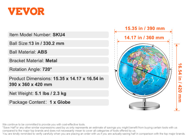 VEVOR rotating globe, 13-inch abs ball, 720° rotation, metal bracket, 5.1 lbs net weight.