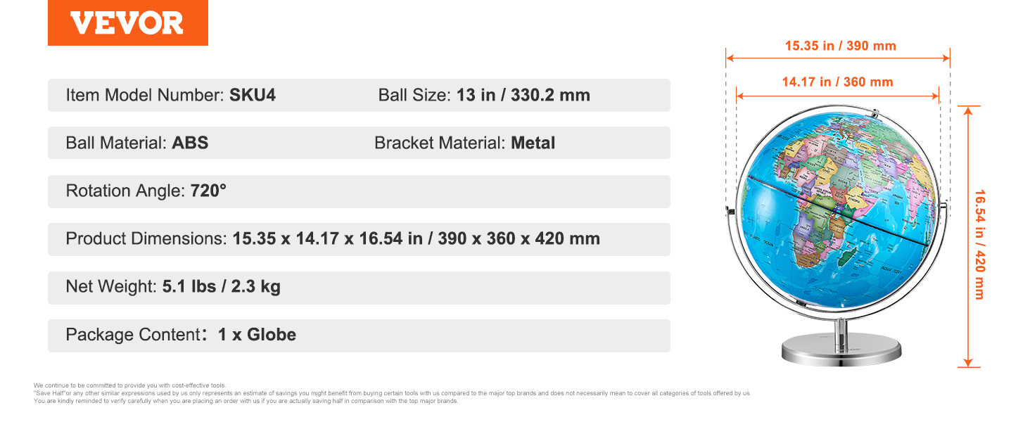 VEVOR rotating globe, 13-inch abs ball, 720° rotation, metal bracket, 5.1 lbs net weight.