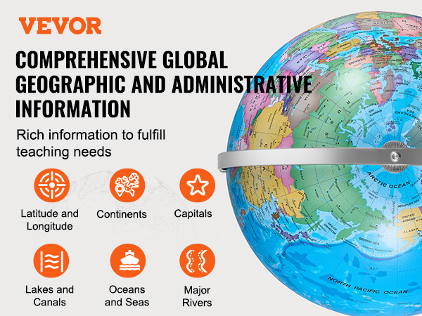 VEVOR rotating globe with comprehensive geographic info, highlighting continents, capitals, and oceans.