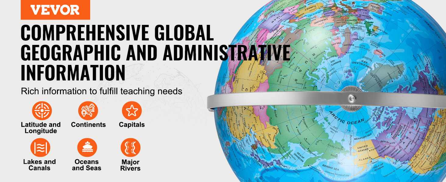 VEVOR rotating globe with comprehensive geographic info, highlighting continents, capitals, and oceans.