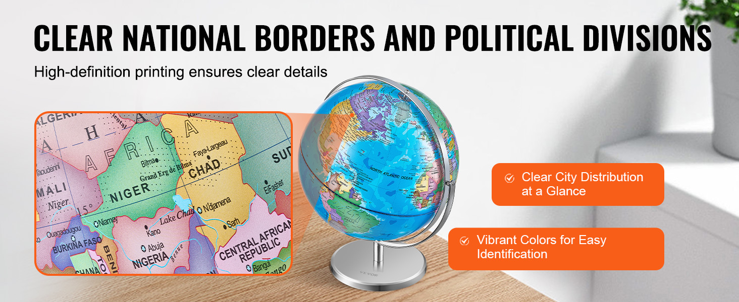 VEVOR rotating globe displays clear national borders and vibrant colors for easy identification.