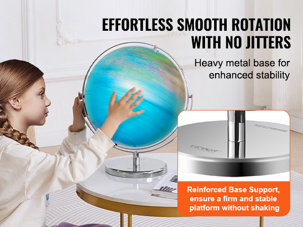 child spinning VEVOR rotating globe on table, showcasing smooth rotation and reinforced base support.