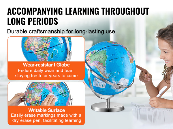 VEVOR rotating globe with wear-resistant surface, erasable for easy learning. durable craftsmanship.