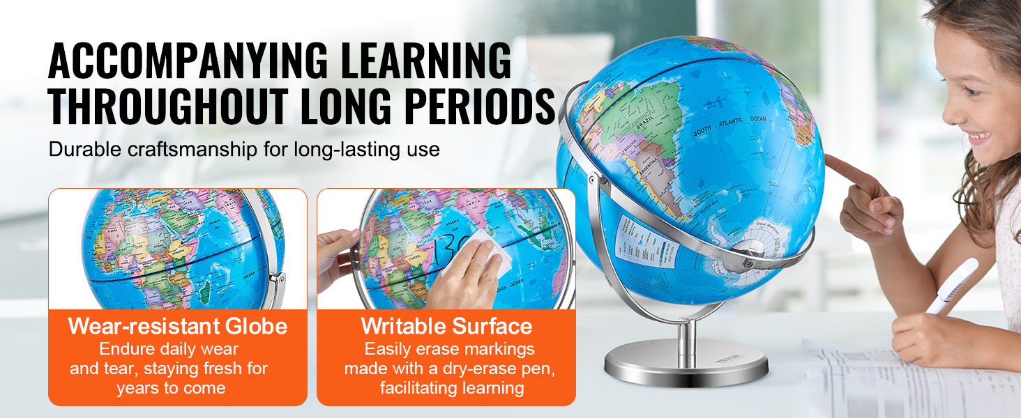 VEVOR rotating globe with wear-resistant surface, erasable for easy learning. durable craftsmanship.