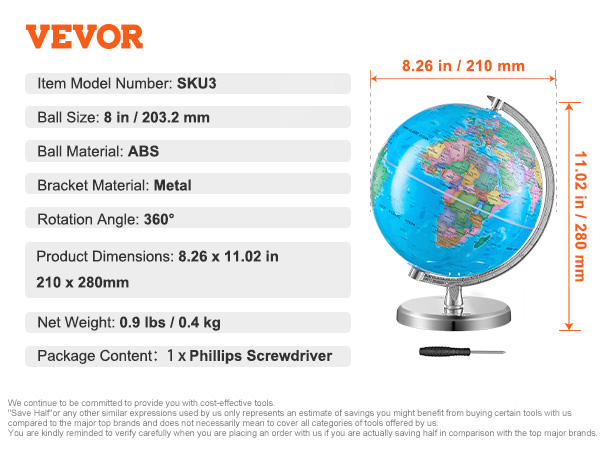 VEVOR 8-inch globe with metal bracket, 360° rotation, includes phillips screwdriver.