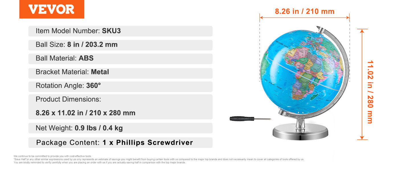 VEVOR 8-inch globe with metal bracket, 360° rotation, includes phillips screwdriver.
