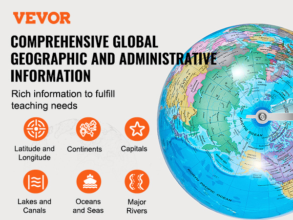 VEVOR rotating world globe, comprehensive geographic and administrative info with detailed map features.