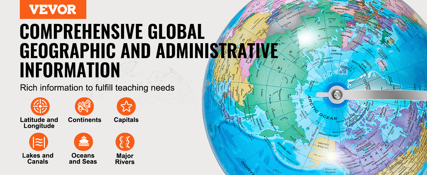 VEVOR rotating world globe, comprehensive geographic and administrative info with detailed map features.
