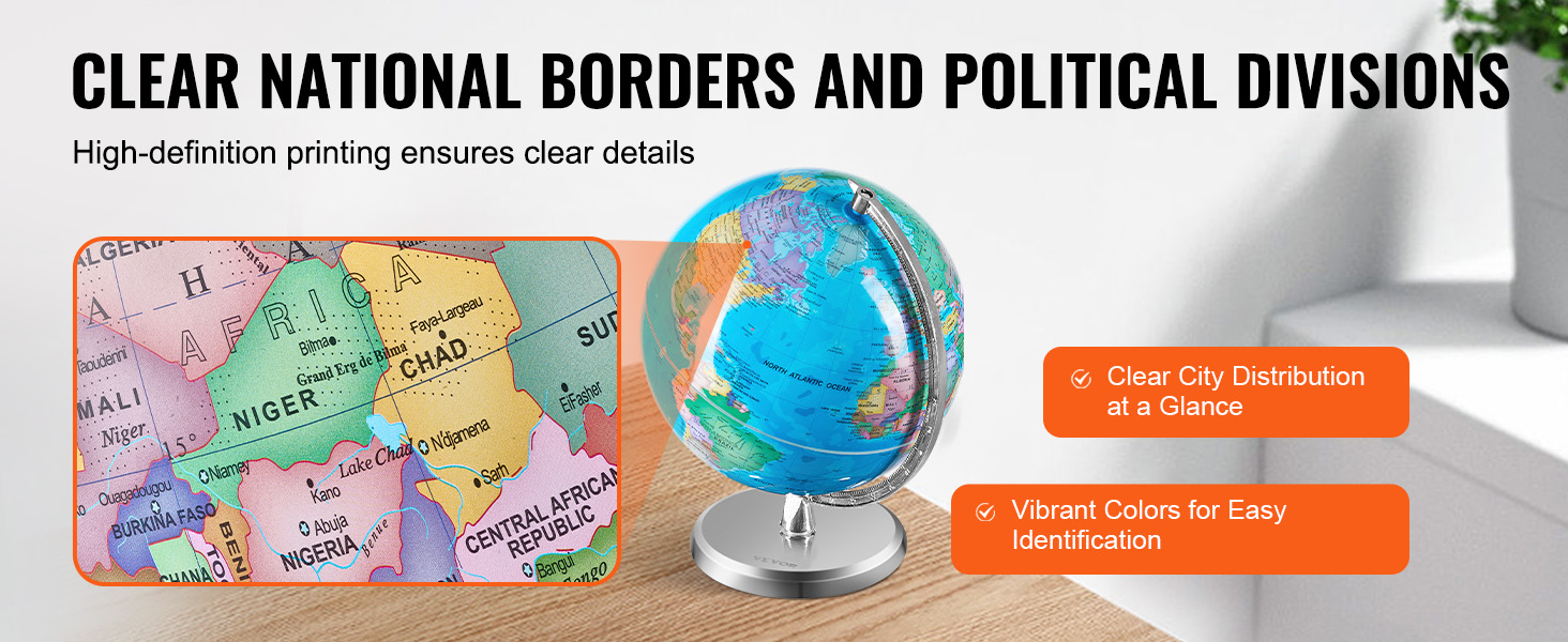 colorful world map with VEVOR globe showcasing clear borders and city distribution.