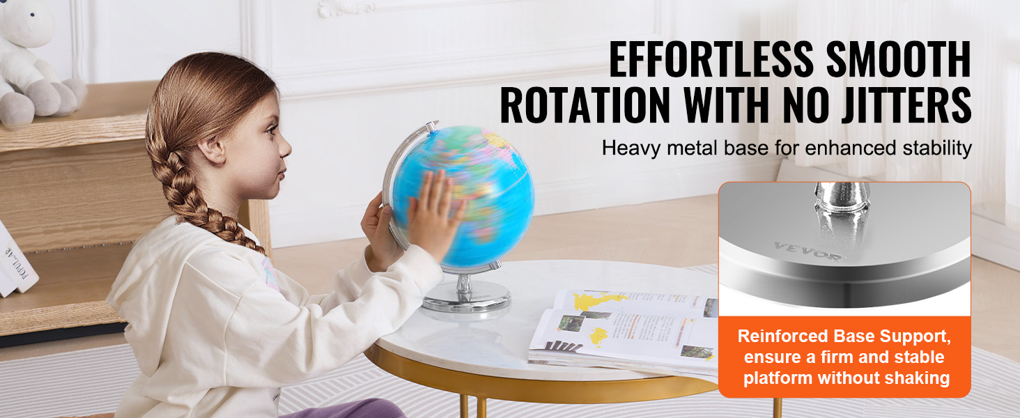 child rotating VEVOR rotating world globe on table with metal base and educational materials nearby.
