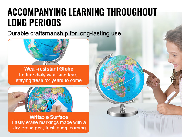 accompanying learning throughout long periods with durable craftsmanship and writable surface on VEVOR rotating world globe.