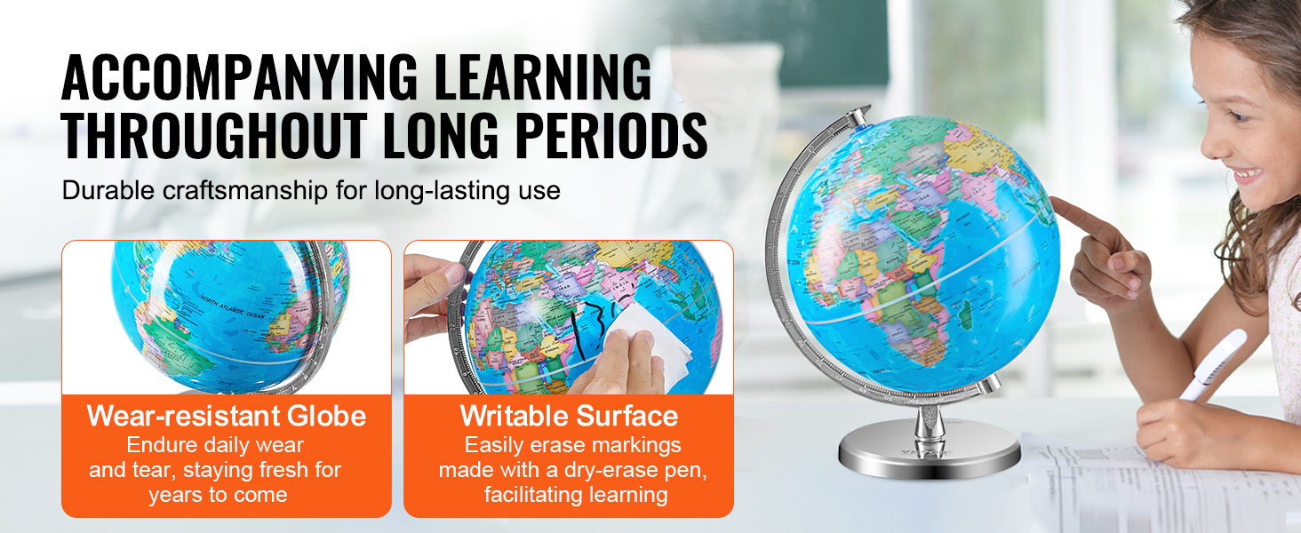 accompanying learning throughout long periods with durable craftsmanship and writable surface on VEVOR rotating world globe.