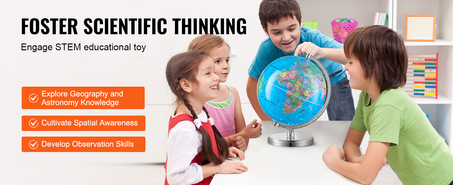 children exploring the VEVOR rotating world globe to foster scientific thinking and stem skills.