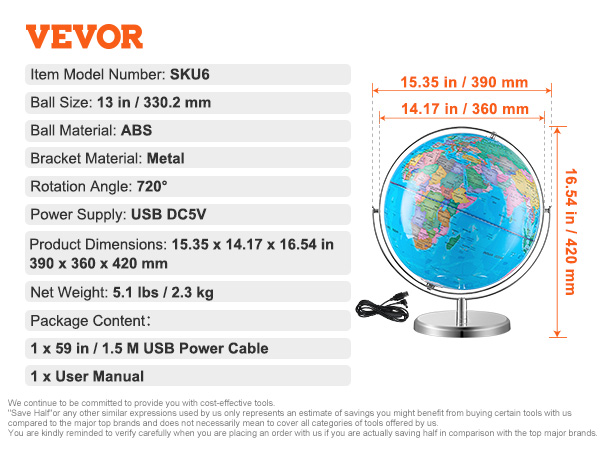 VEVOR illuminated globe with 13in abs ball, metal bracket, usb power cable, and user manual.