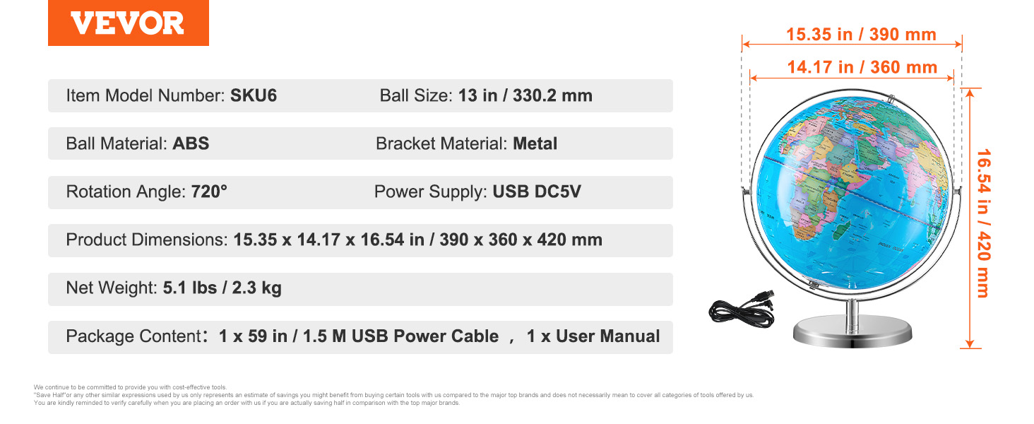 VEVOR illuminated globe with 13in abs ball, metal bracket, usb power cable, and user manual.