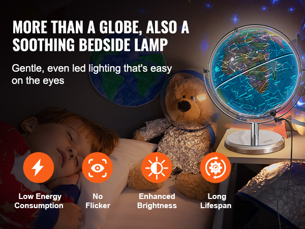 VEVOR illuminated globe beside bed, serving as a soothing lamp with low energy consumption and no flicker.
