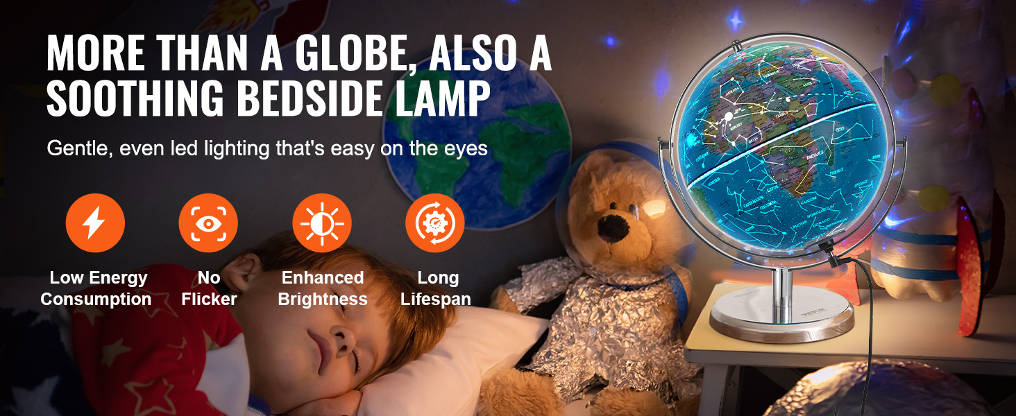 VEVOR illuminated globe beside bed, serving as a soothing lamp with low energy consumption and no flicker.