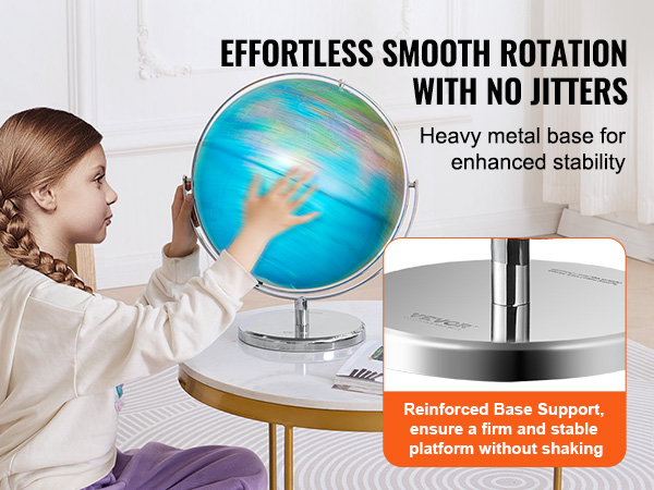 child spinning VEVOR illuminated globe on a table with sturdy metal base, reinforcing stability.