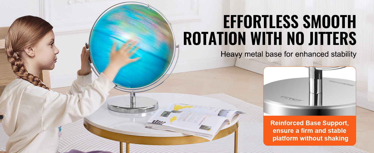 child spinning VEVOR illuminated globe on a table with sturdy metal base, reinforcing stability.