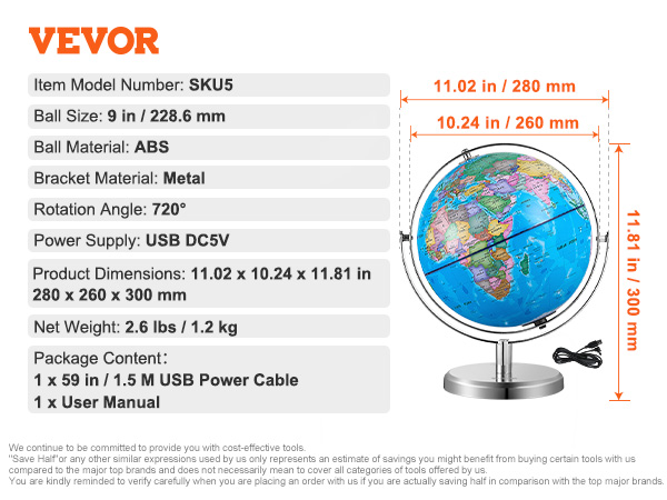 VEVOR illuminated world globe with 9-inch abs ball, 720° rotation, and usb power supply