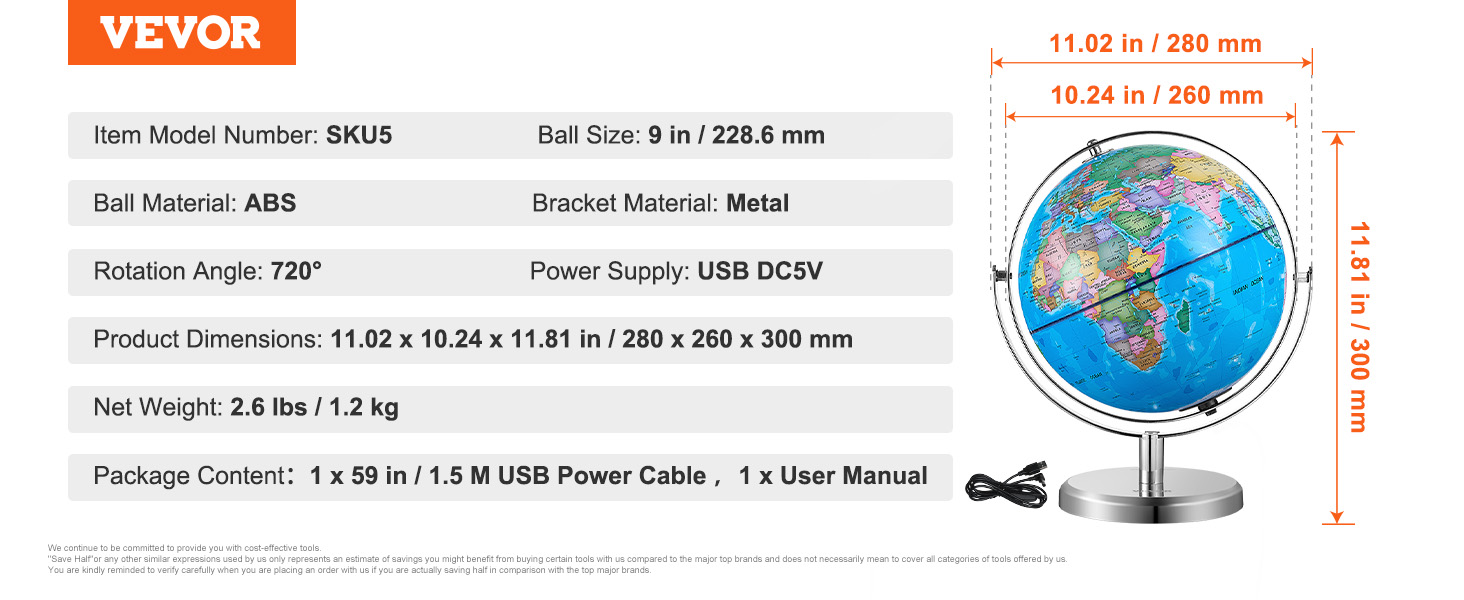 VEVOR illuminated world globe with 9-inch abs ball, 720° rotation, and usb power supply